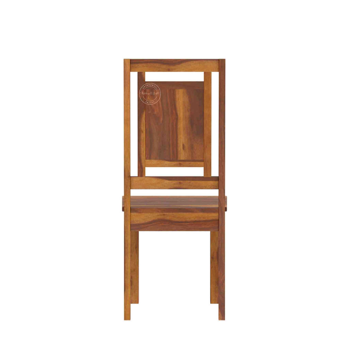 A single wooden dining chair with a rectangular backrest and seat, shown from the front against a plain white background.
