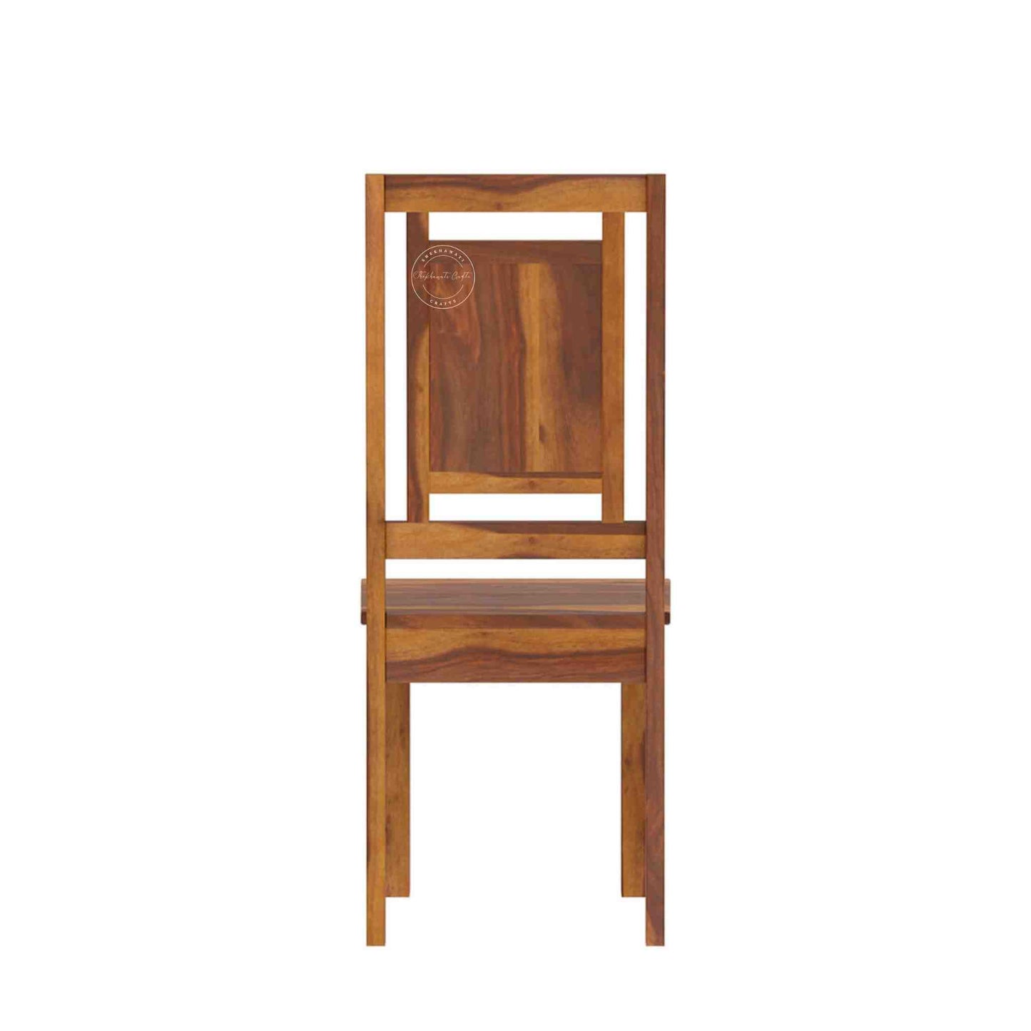 A single wooden dining chair with a rectangular backrest and seat, shown from the front against a plain white background.