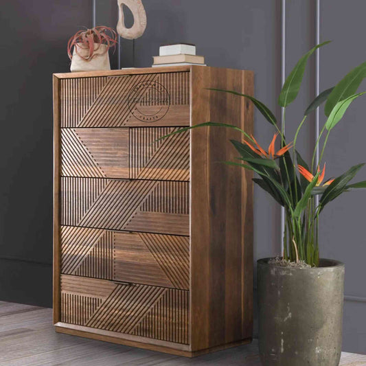 Handcrafted Arisa Chest with 5 Drawers made from sheesham wood, ideal for home and office furniture.