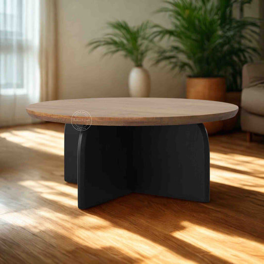 handmade Arlo Mango Wood Round Coffee Table with dual tone finish