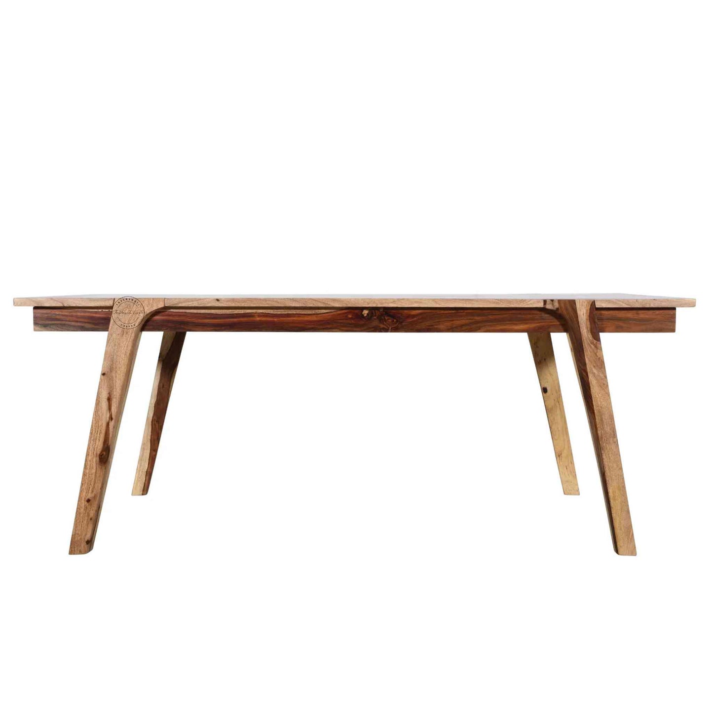 Ava sheesham wood dining table with detachable legs and a natural finish.