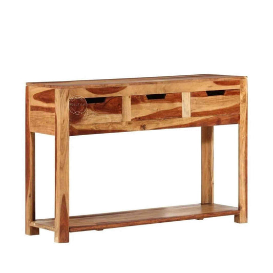 handcrafted Ayaan sheesham wood console table with 3 drawers and bottom shelf