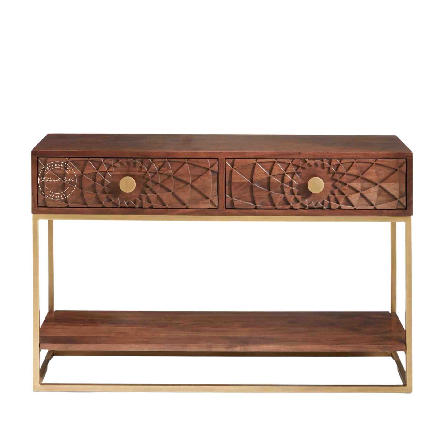 Belgium Console Table, Sheesham wood with honey finish, 2 drawers, iron legs and a lower shelf.
