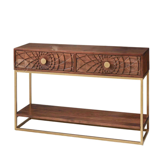 Belgium Console Table, Sheesham wood with honey finish, 2 drawers, iron legs and a lower shelf.