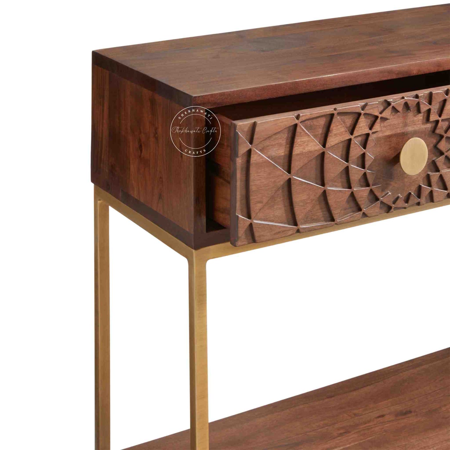 Belgium Console Table, Sheesham wood with honey finish, 2 drawers, iron legs and a lower shelf.