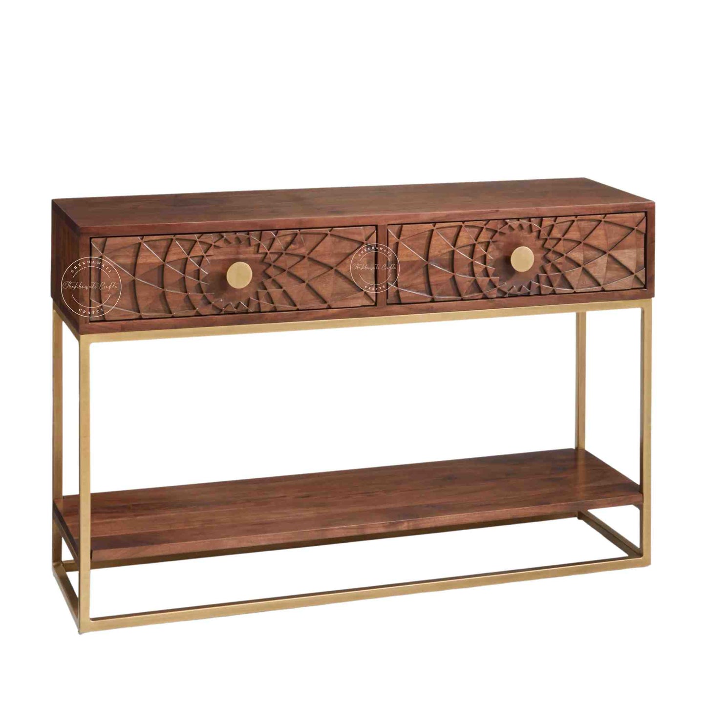 Belgium Console Table, Sheesham wood with honey finish, 2 drawers, iron legs and a lower shelf.