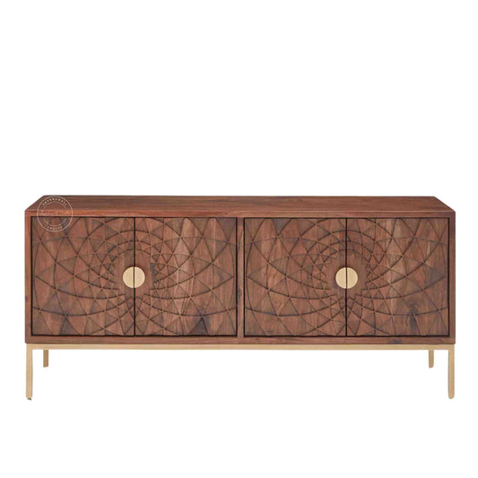 handcrafted Belgium TV cabinet made from sheesham wood with a honey finish, 4 doors with foldable shelf, golden finish legs.