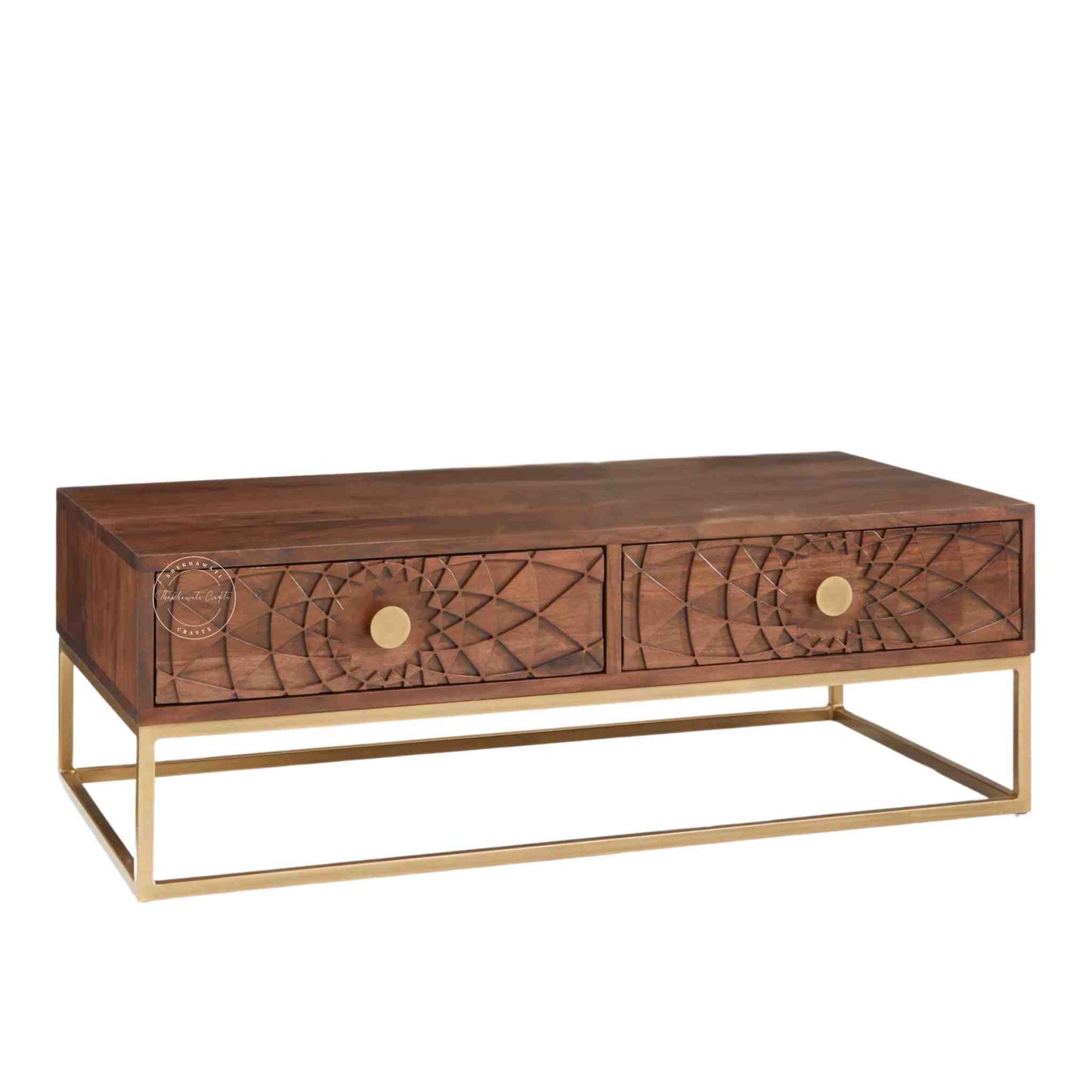 Belgium Center Table, Sheesham wood with honey finish, hand-carved drawers, golden finish iron legs