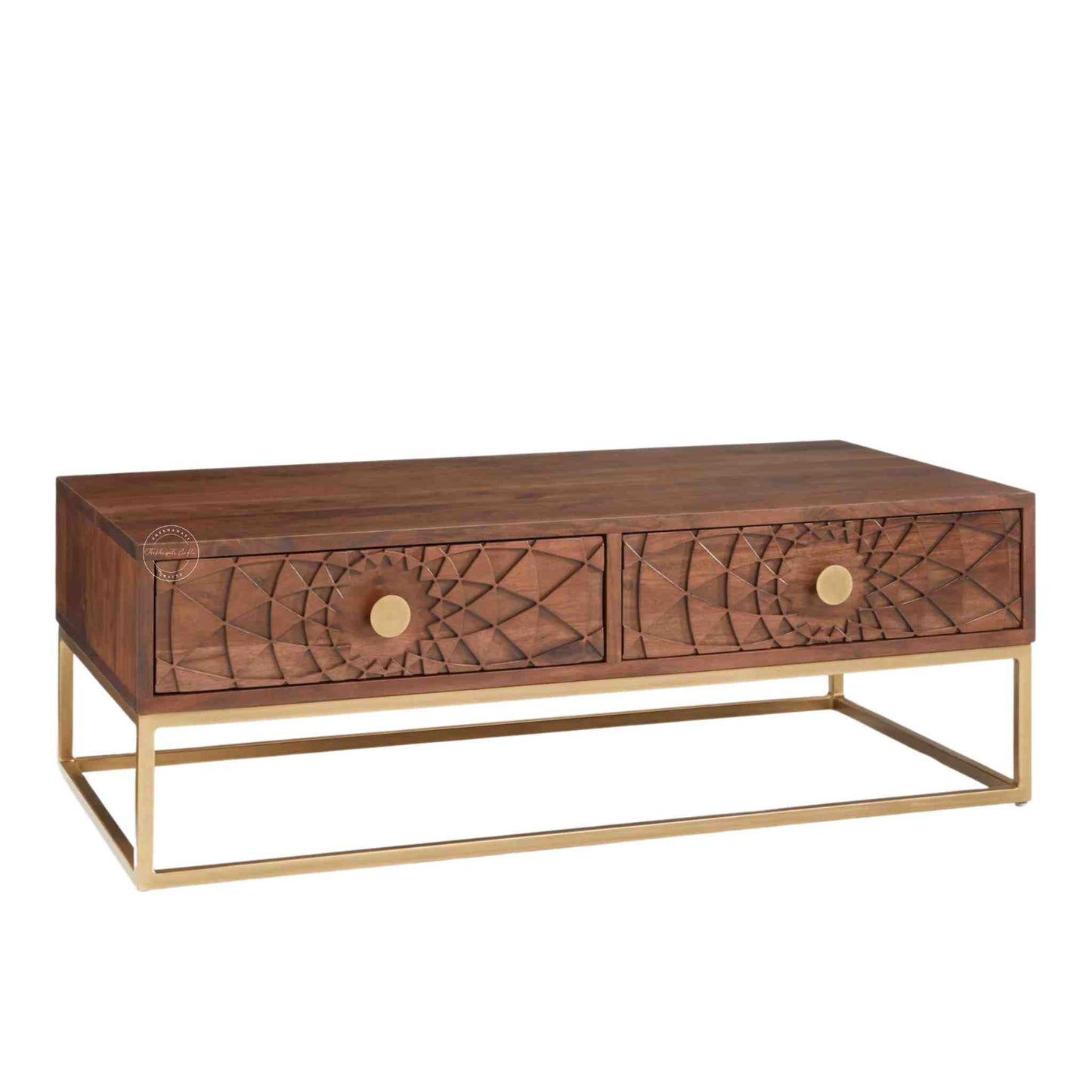 Belgium Center Table, Sheesham wood with honey finish, hand-carved drawers, golden finish iron legs