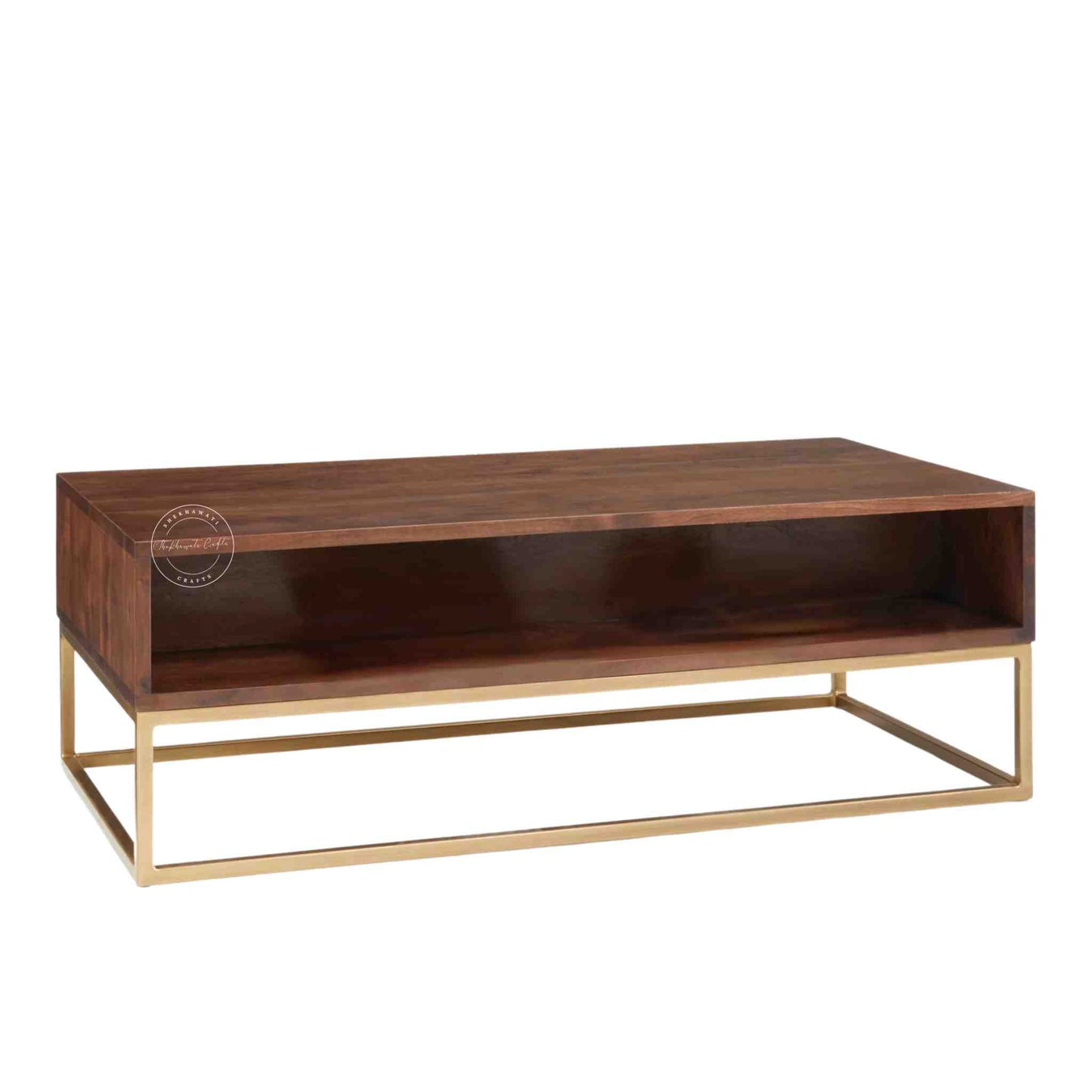 Belgium Center Table, Sheesham wood with honey finish, hand-carved drawers, golden finish iron legs