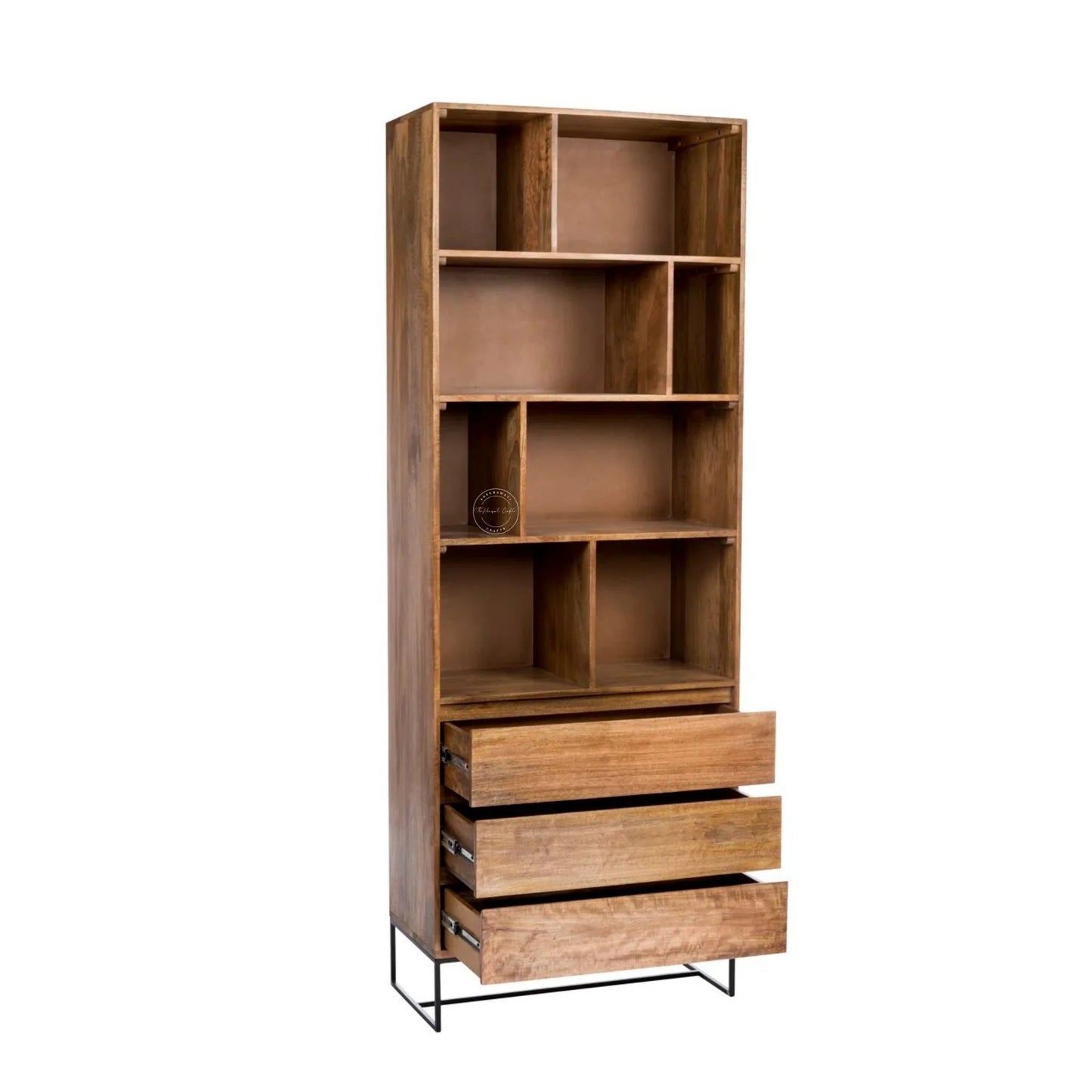 A tall wooden bookcase with multiple open shelves and three drawers at the bottom, finished in medium brown wood with a black metal stand.