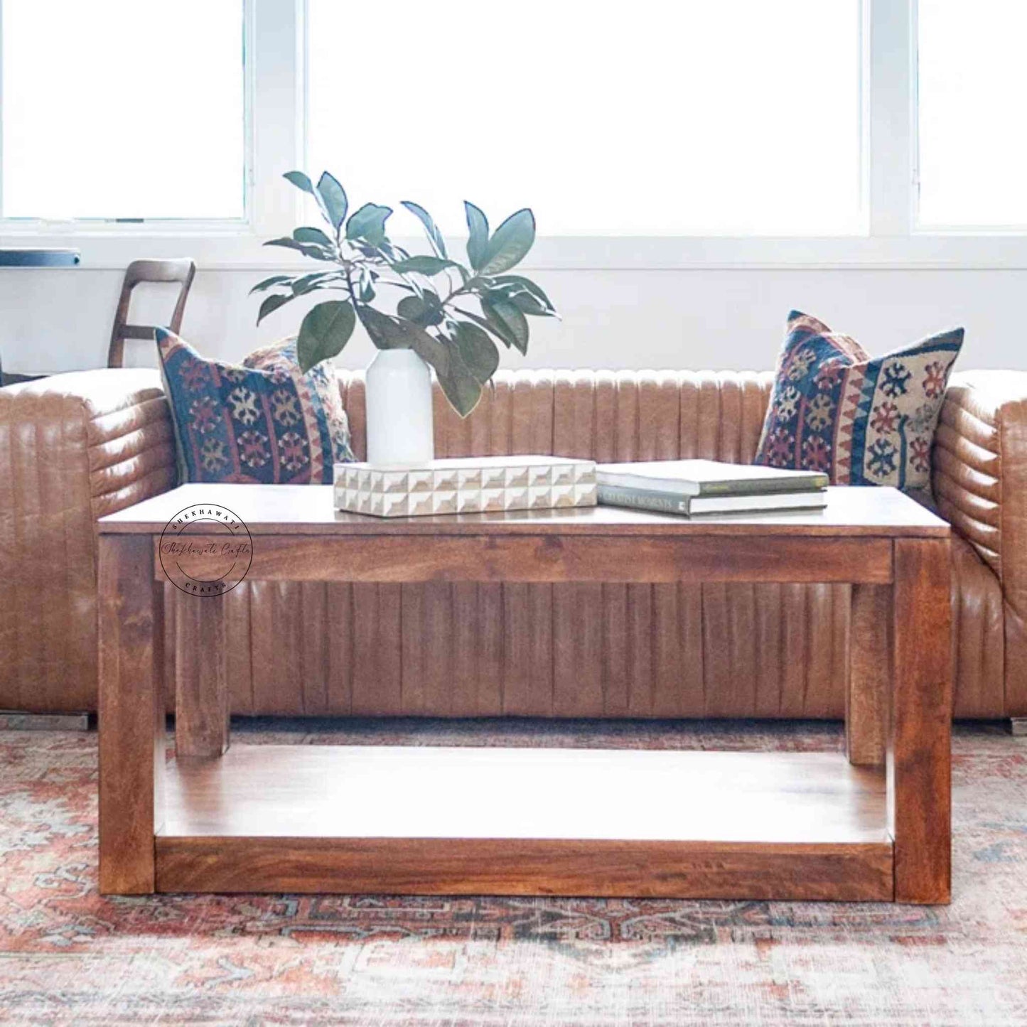 Bruno Center Table, Sheesham wood, honey finish, modern furniture, durable design, bottom storage shelf