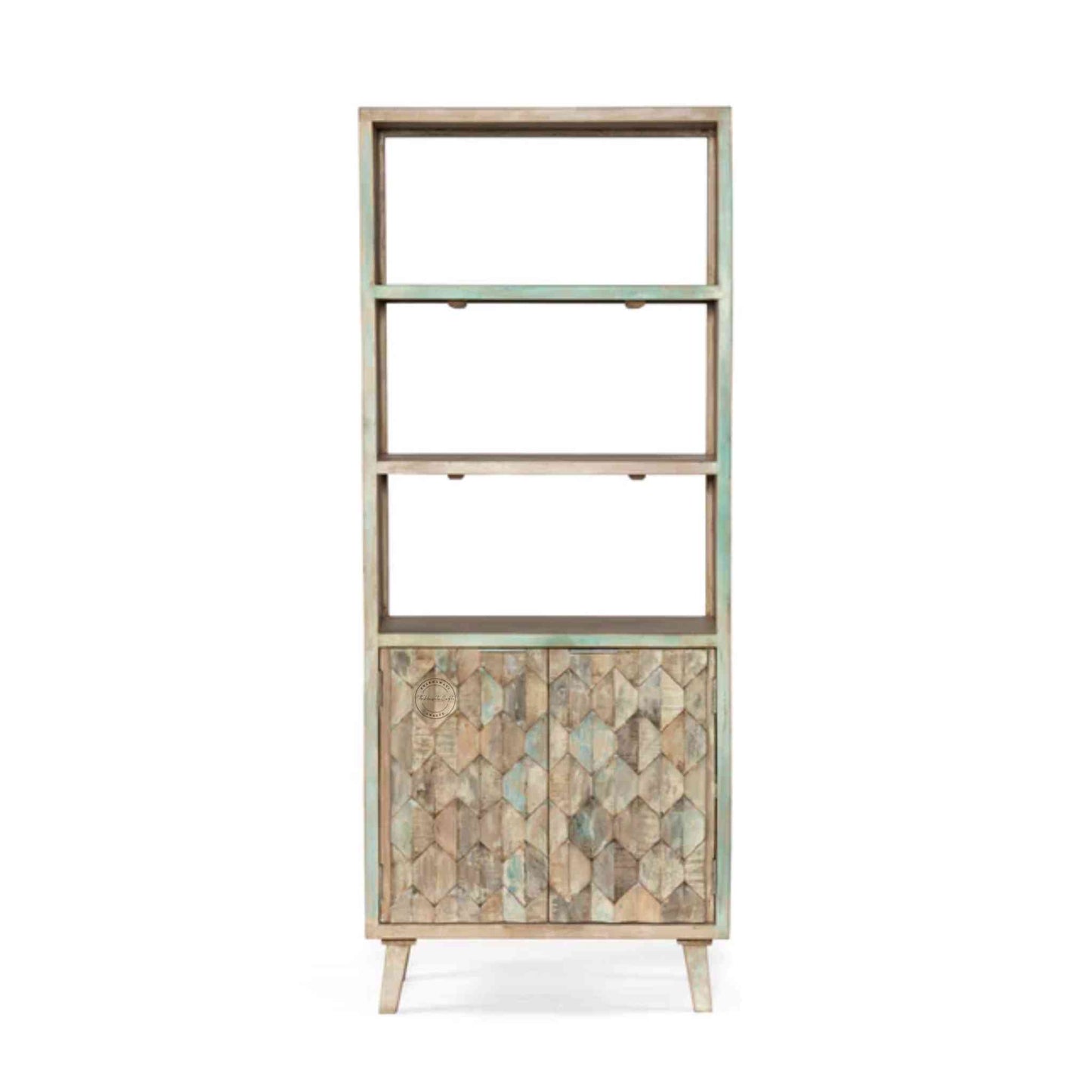 Butterfly Bookshelve handcrafted with mango wood, 3-section bookshelf with 2 doors.