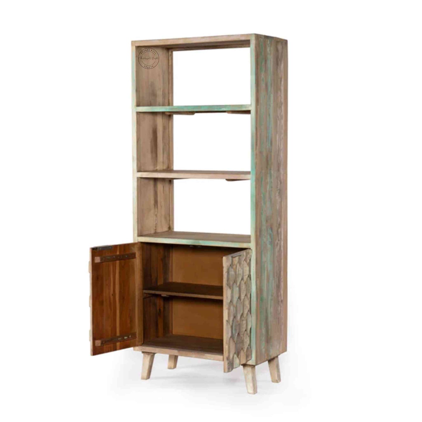 Butterfly Bookshelve handcrafted with mango wood, 3-section bookshelf with 2 doors.