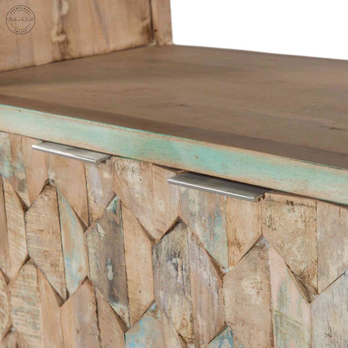 Butterfly Bookshelve handcrafted with mango wood, 3-section bookshelf with 2 doors.