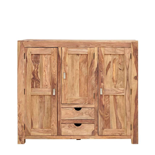 A rustic wooden sideboard cabinet with three doors and two drawers, crafted from natural acacia wood with visible grain patterns and small silver metal handles.