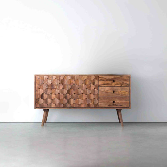 Casa sideboard is handcrafted from sheesham wood with a natural finish, 2 doors and 3 drawers.
