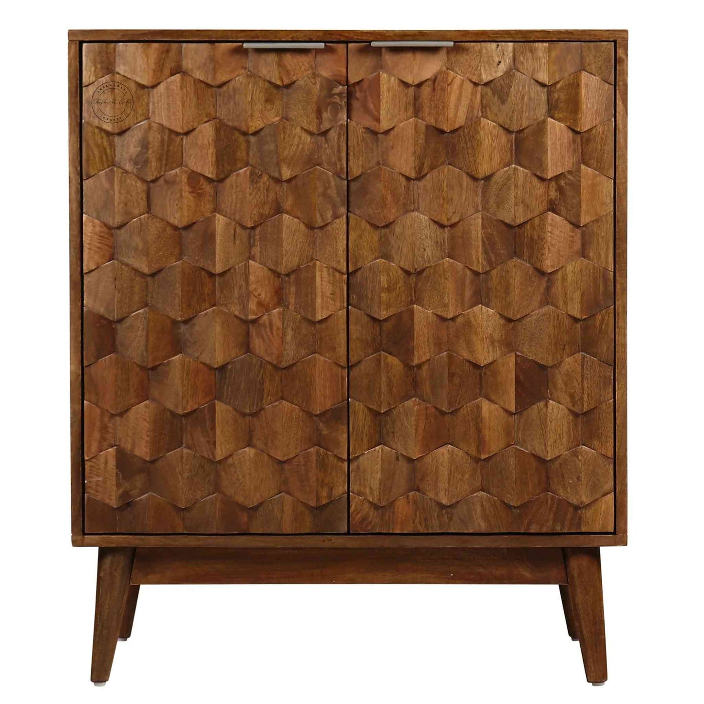 Casa Bar Cabinet made with mango wood, honey finish, 2-door bar cabinet, modern design, foldable legs, elegant for home bars.