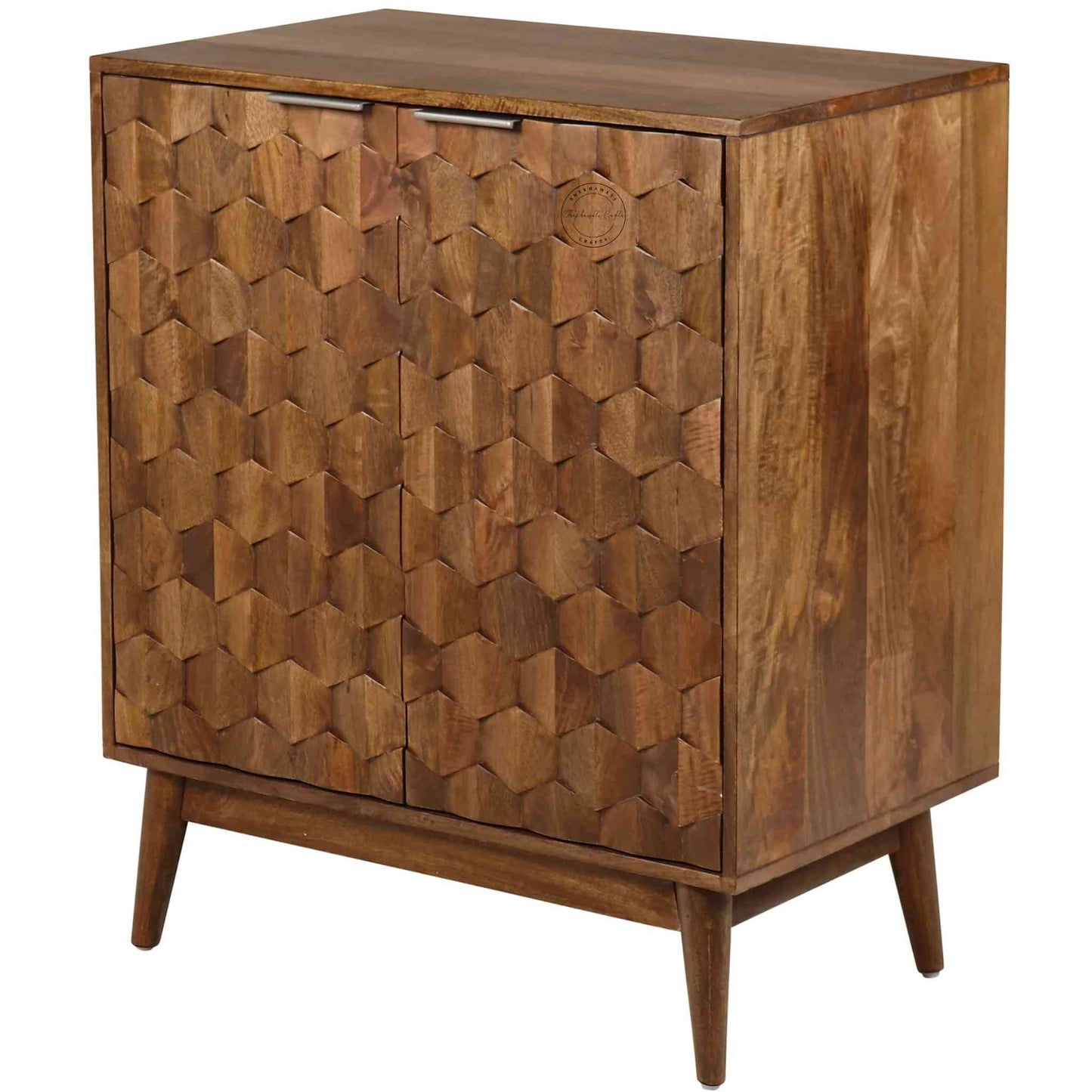 Casa Bar Cabinet made with mango wood, honey finish, 2-door bar cabinet, modern design, foldable legs, elegant for home bars.