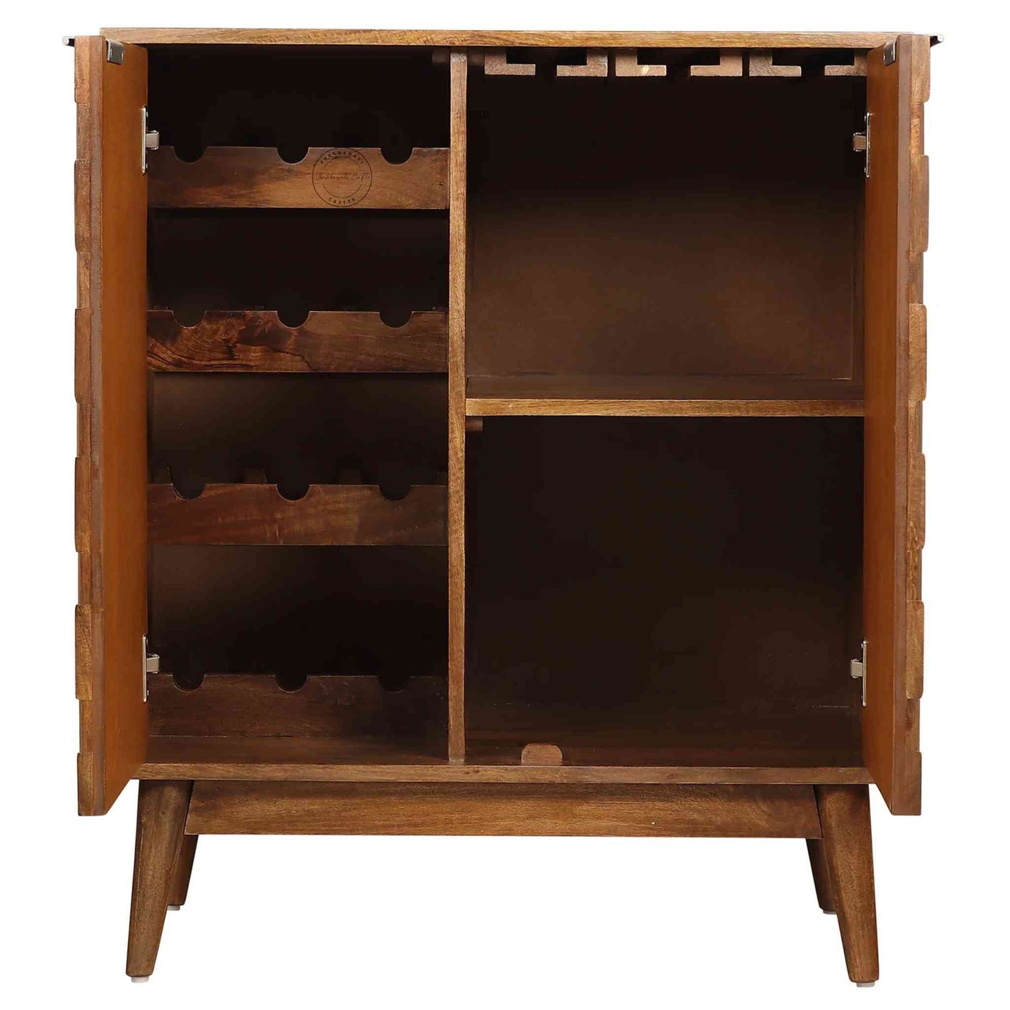 Casa Bar Cabinet made with mango wood, honey finish, 2-door bar cabinet, modern design, foldable legs, elegant for home bars.