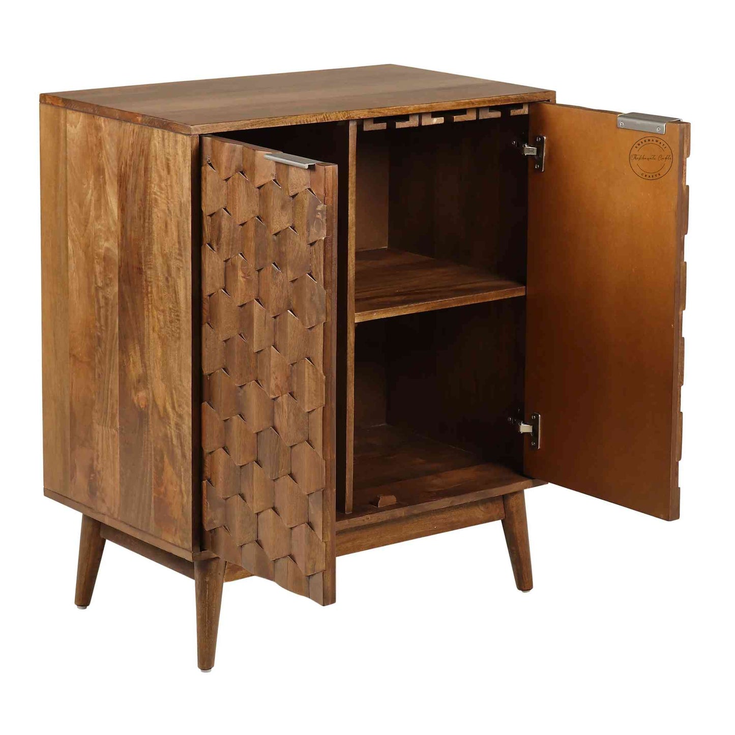 Casa Bar Cabinet made with mango wood, honey finish, 2-door bar cabinet, modern design, foldable legs, elegant for home bars.