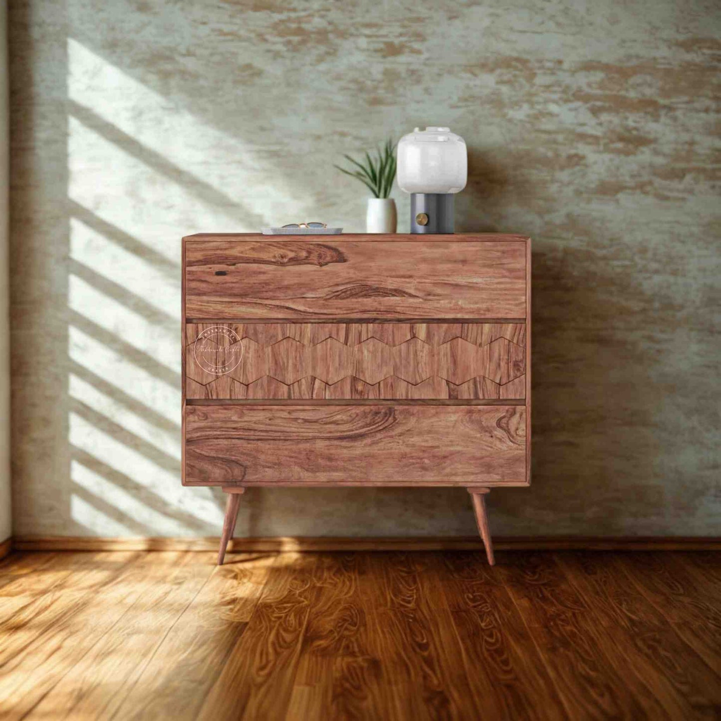 casa cabinet is handcrafted from sheesham wood and natural finish with 3 storage drawers.