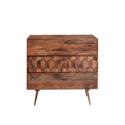 casa cabinet is handcrafted from sheesham wood and natural finish with 3 storage drawers.