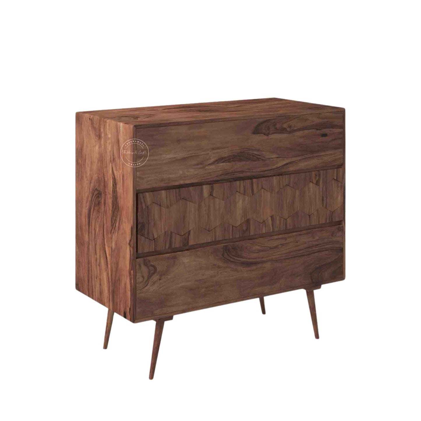 casa cabinet is handcrafted from sheesham wood and natural finish with 3 storage drawers.