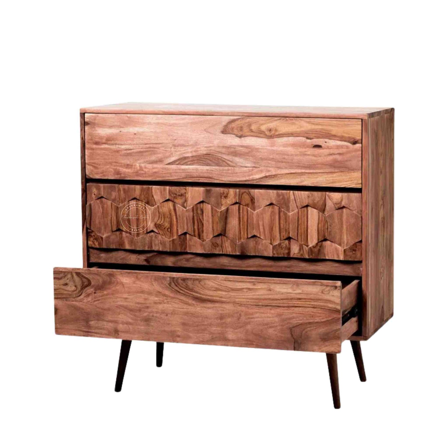 casa cabinet is handcrafted from sheesham wood and natural finish with 3 storage drawers.