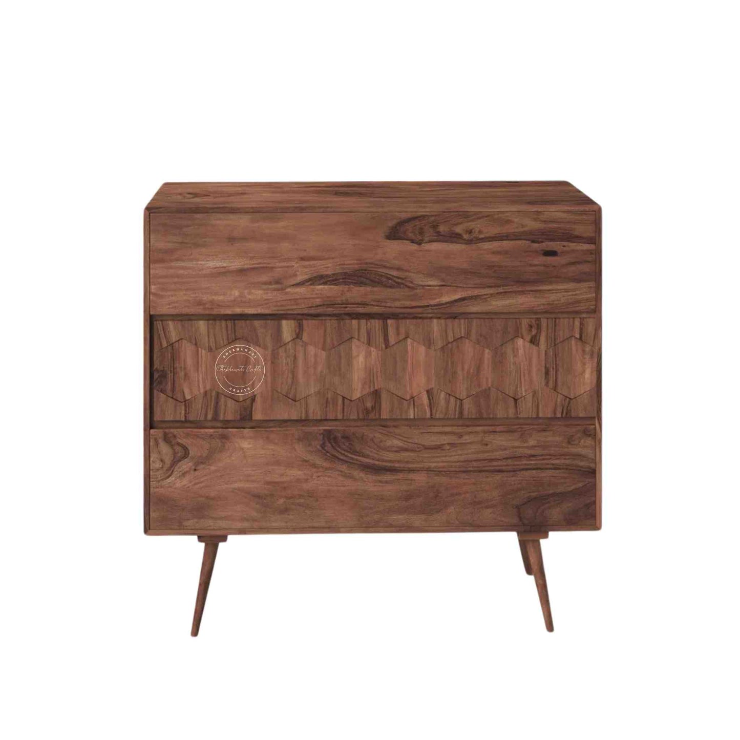 casa cabinet is handcrafted from sheesham wood and natural finish with 3 storage drawers.