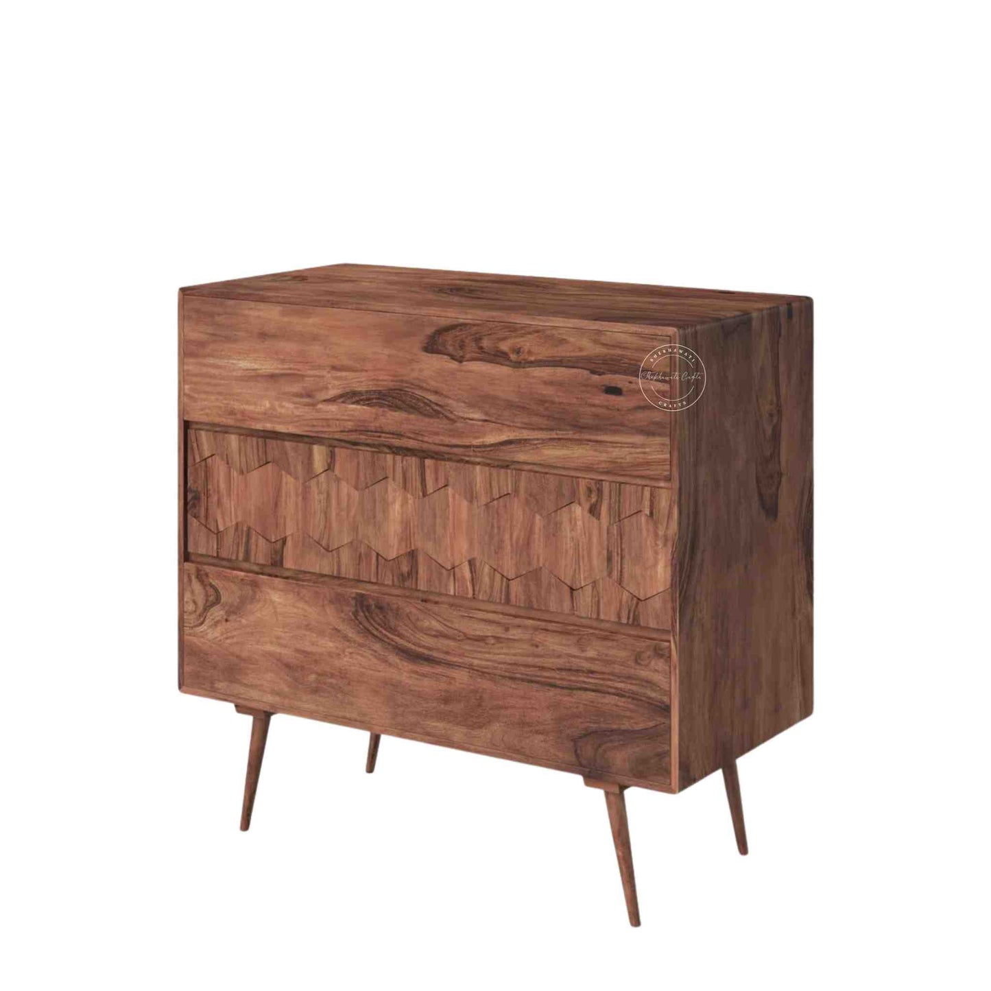 casa cabinet is handcrafted from sheesham wood and natural finish with 3 storage drawers.