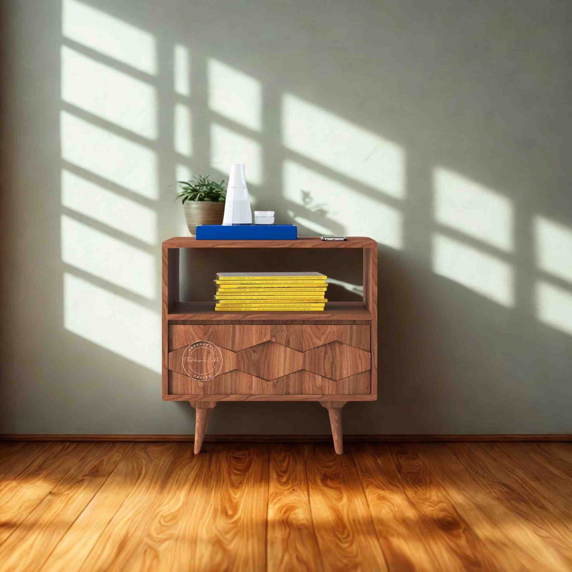 casa bedside table is handmade from sheesham wood and a natural finish with an open shelf and 1 drawer.