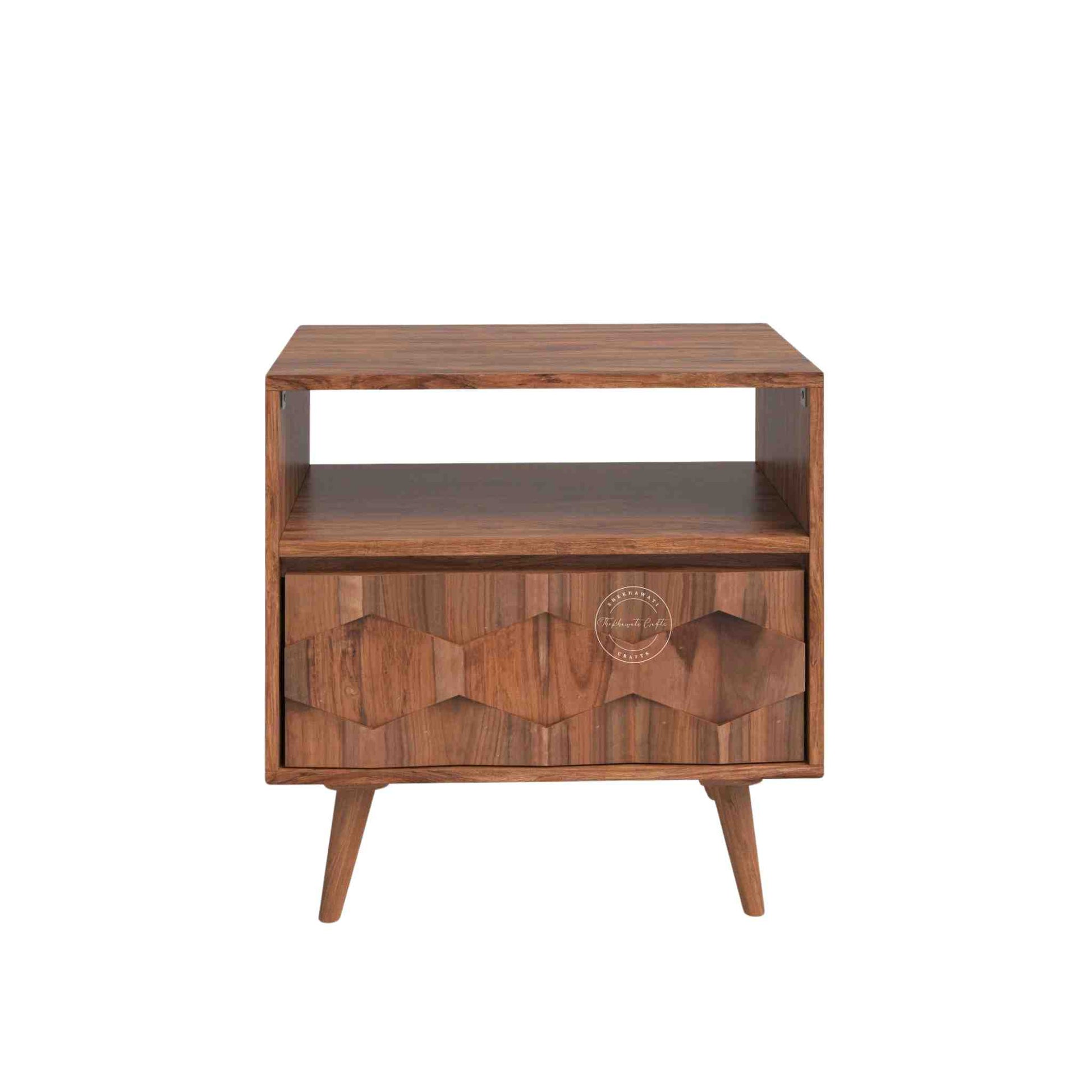 casa bedside table is handmade from sheesham wood and a natural finish with an open shelf and 1 drawer.