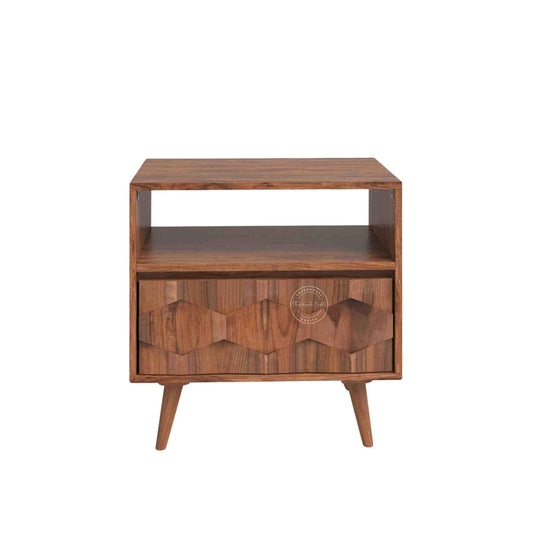 casa bedside table is handmade from sheesham wood and a natural finish with an open shelf and 1 drawer.