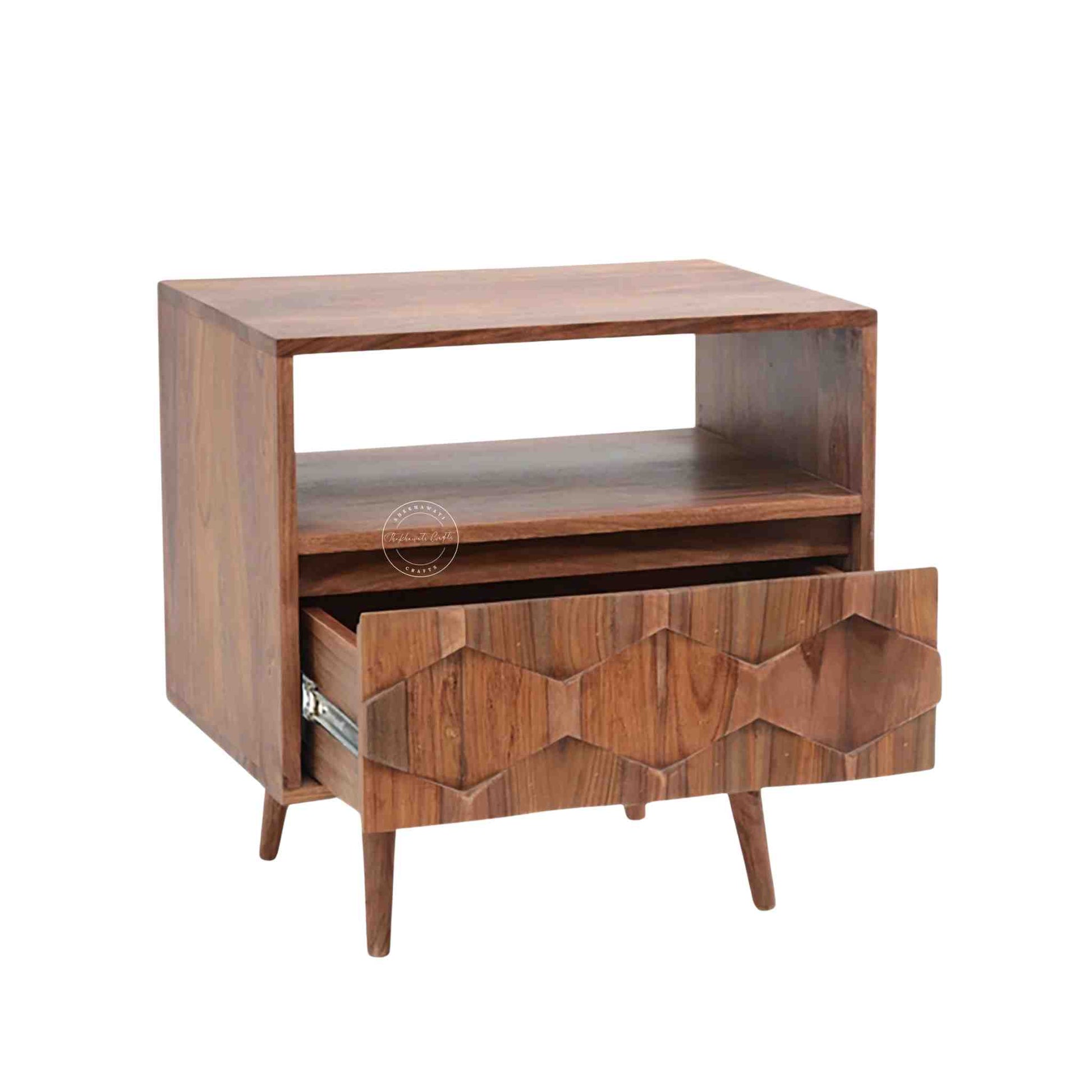 casa bedside table is handmade from sheesham wood and a natural finish with an open shelf and 1 drawer.