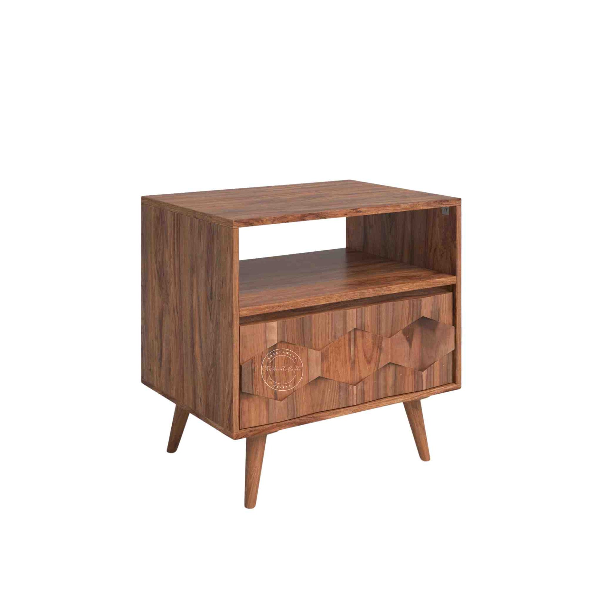 casa bedside table is handmade from sheesham wood and a natural finish with an open shelf and 1 drawer.