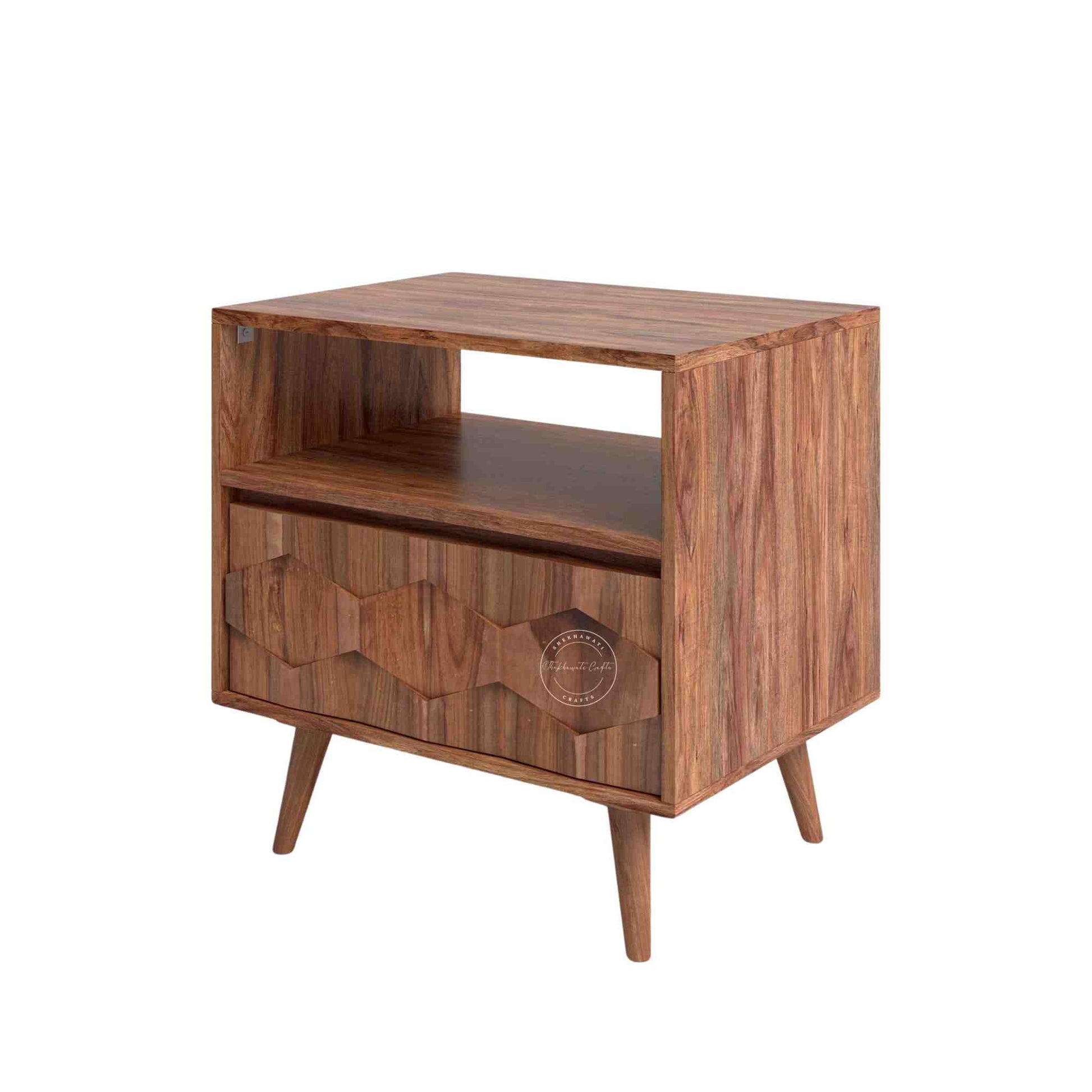 casa bedside table is handmade from sheesham wood and a natural finish with an open shelf and 1 drawer.