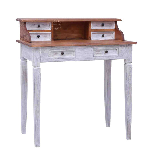 handcrafted Cleo Mango Wood Study Table with 6 drawers, rustic white finish and foldable legs.