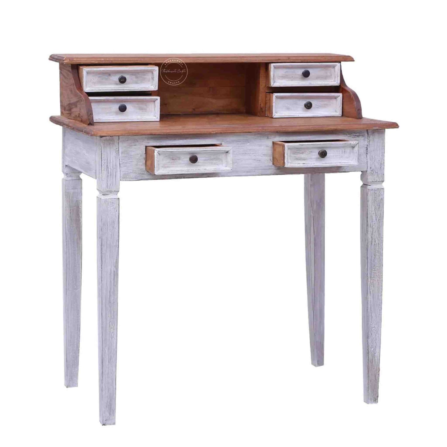 handcrafted Cleo Mango Wood Study Table with 6 drawers, rustic white finish and foldable legs.