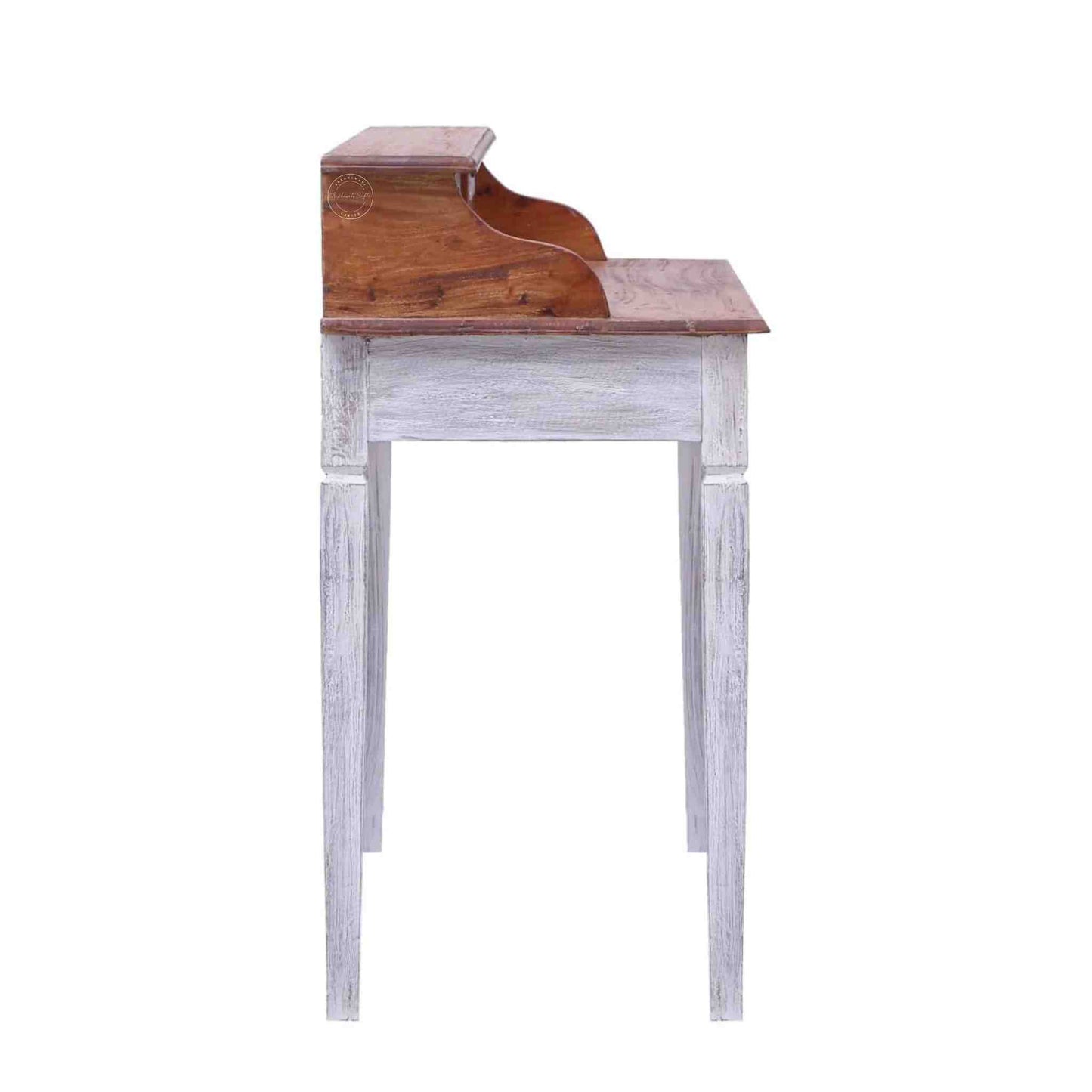 handcrafted Cleo Mango Wood Study Table with 6 drawers, rustic white finish and foldable legs.