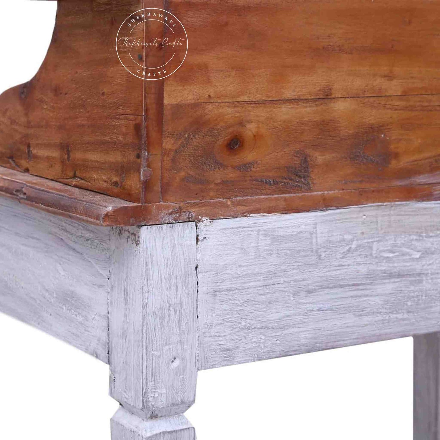 handcrafted Cleo Mango Wood Study Table with 6 drawers, rustic white finish and foldable legs.