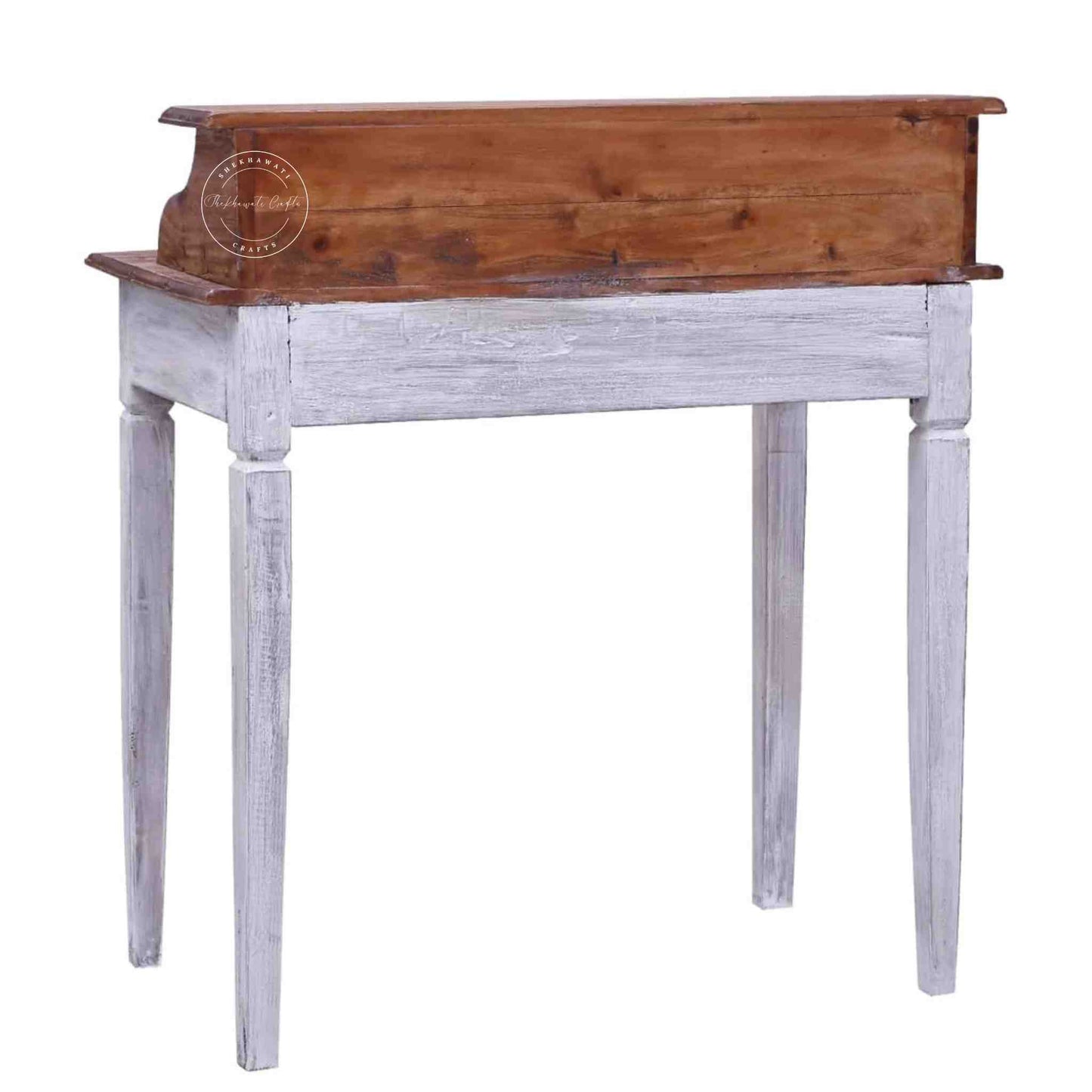 handcrafted Cleo Mango Wood Study Table with 6 drawers, rustic white finish and foldable legs.
