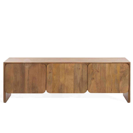 handmade Cove Solid Wood Media Cabinet is made from mango wood and a natural finish with 3 doors.