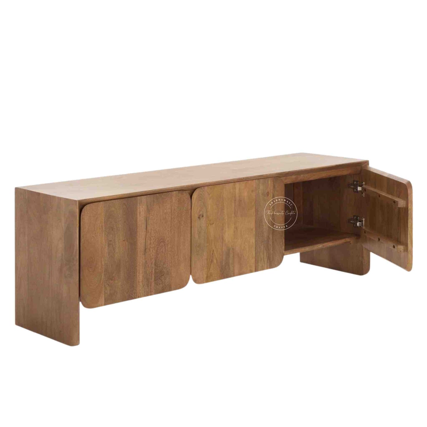 handmade Cove Solid Wood Media Cabinet is made from mango wood and a natural finish with 3 doors.