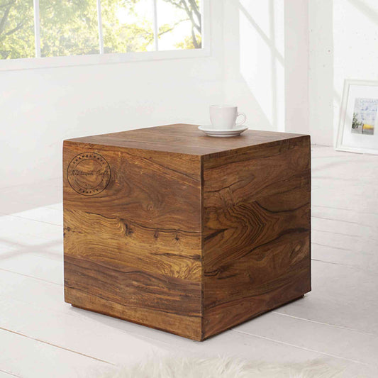 Cube End Table made with Sheesham wood, honey finish, modern design, compact and versatile.