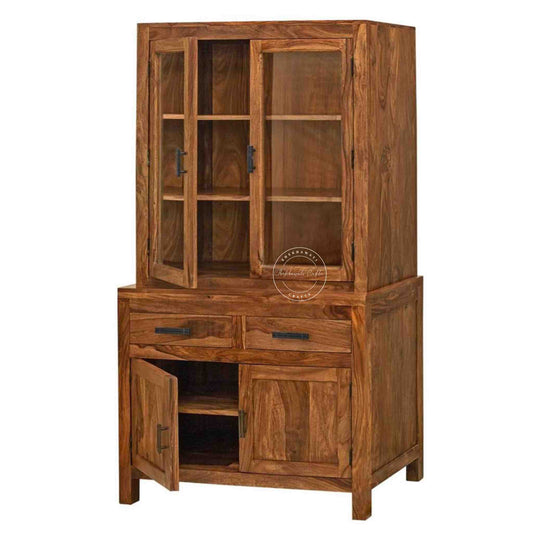 Darshini Crockery Cabinet is handcrafted with solid Sheesham wood, natural finish, mirrored doors, spacious drawers and foldable compartments.