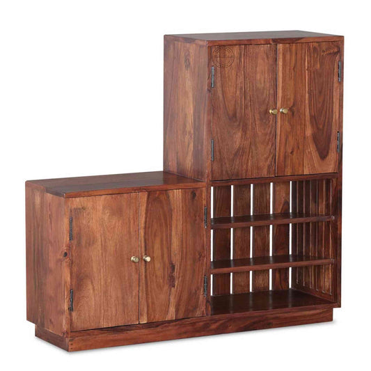 Dublin Shoe Rack is crafted from Sheesham wood, featuring 4 doors with brass handles and a honey finish.