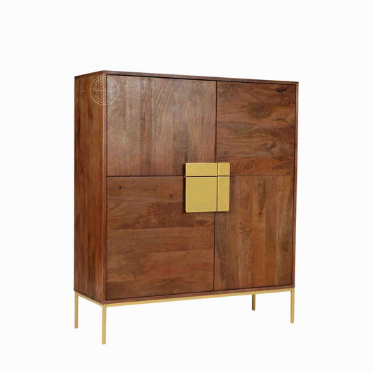 Edward Cabinet crafted from solid mango wood with 4 doors, golden finished handles and iron legs.