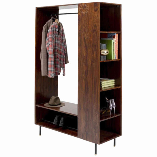 Esme Closet is handcrafted from Sheesham wood with a walnut finish, detachable shelves, a clothes hanger, and 5 spacious shelves.