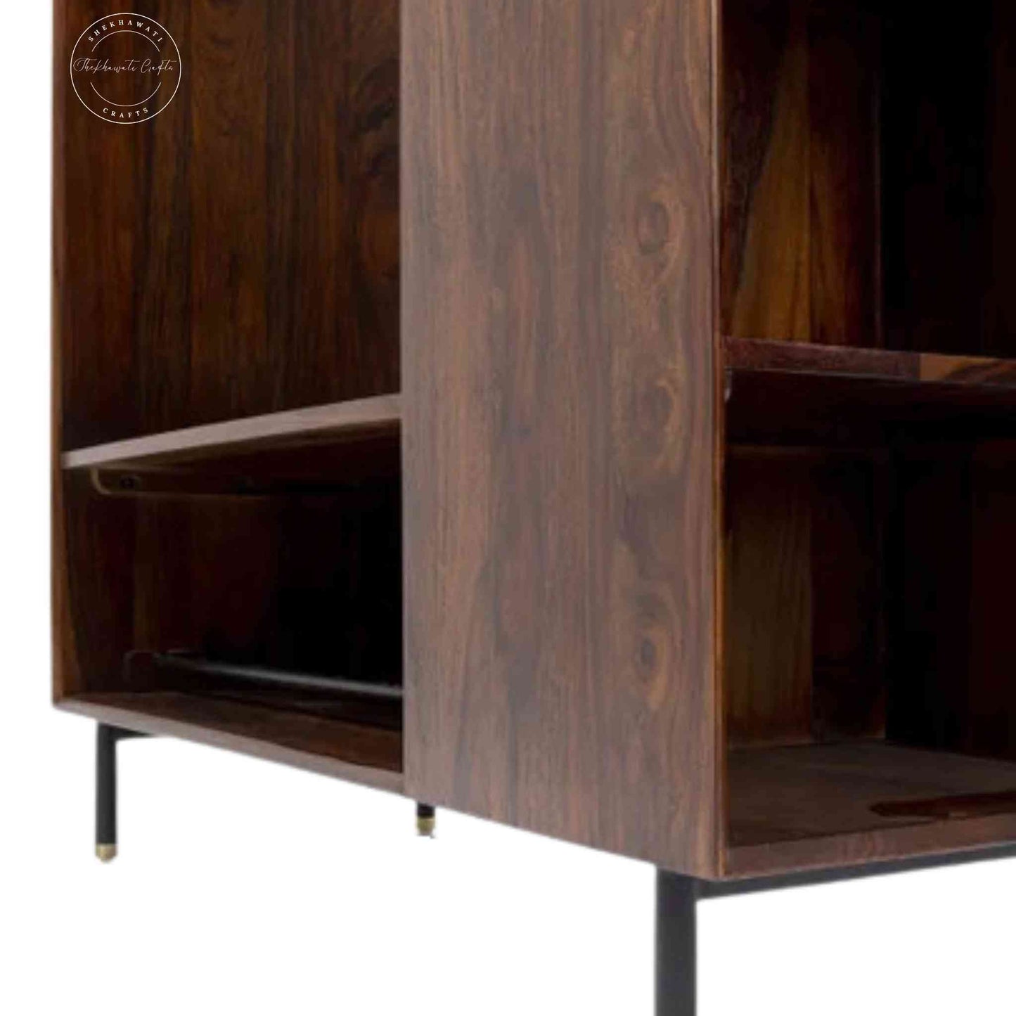 Esme Closet is handcrafted from Sheesham wood with a walnut finish, detachable shelves, a clothes hanger, and 5 spacious shelves.